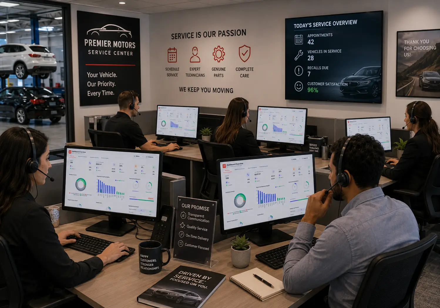 Dealership service department scheduling vehicle maintenance using AI analytics.