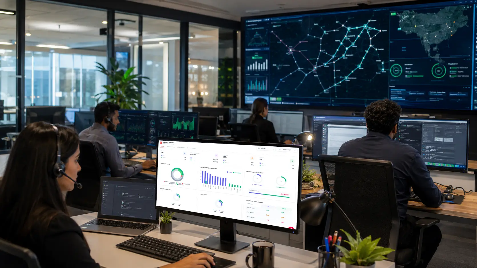 Fiber network operations team monitoring connectivity and support analytics