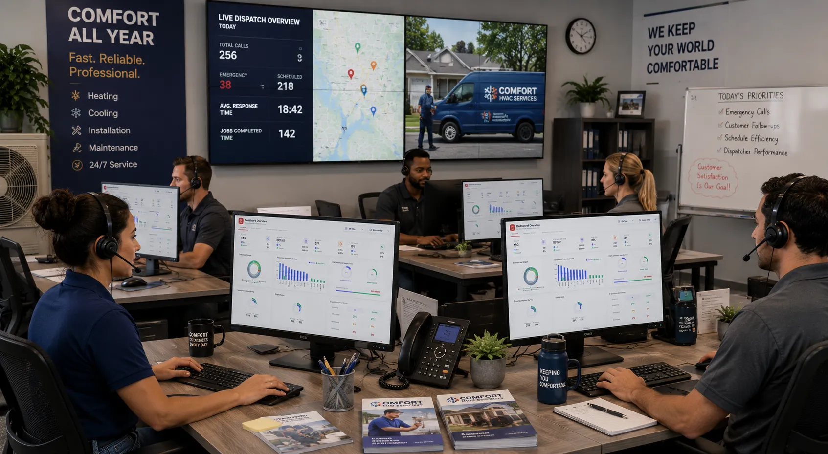 HVAC dispatch team using AI call analytics dashboard for service booking