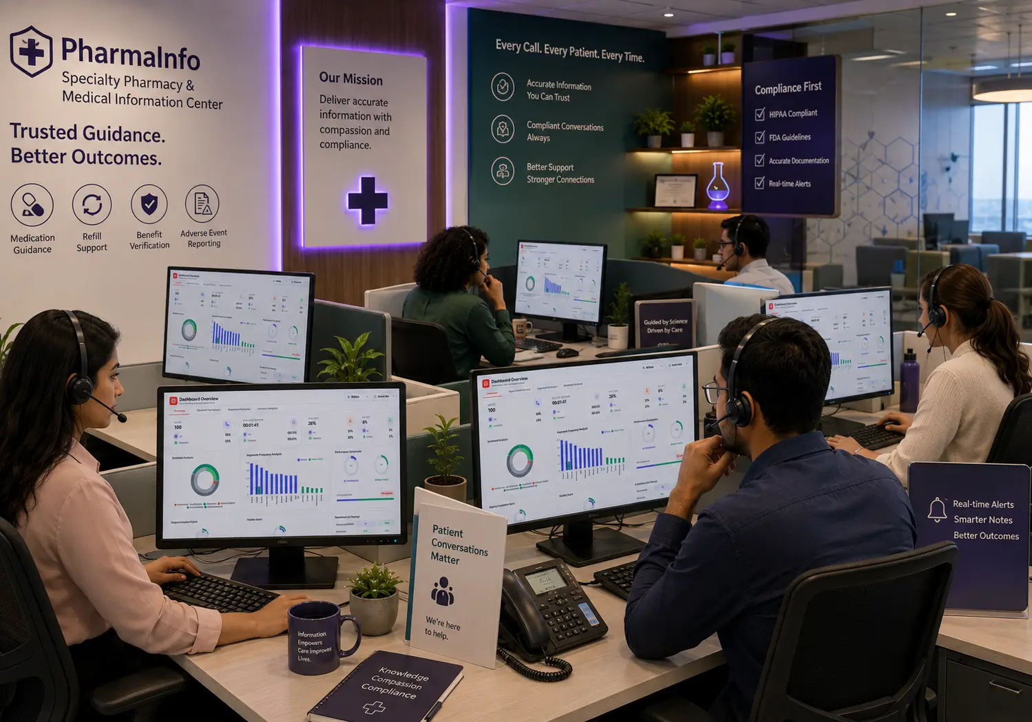 Specialty pharmacy guide helping patient with prescription refills using conversation intelligence