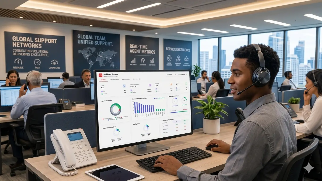 Utilities and telecom support team with customer service analytics dashboard.